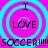 A static image with four identical circular cyan target-like patterns on a bright pink background, each containing "I LOVE" text above and "SOCCER!!!!!" below.