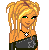 Pixel art contact sheet showing three frames of an animated buddy icon featuring a cartoon woman with blonde hair, black crop top, and blue jeans, alongside red text reading "bitch" and "please!" with star symbols.