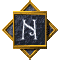 A diamond-shaped icon with a golden frame and dark blue background displays an animated white 'N' symbol that changes position across frames.