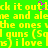 Green background with yellow pixelated text repeating phrases like 'check it out' and 'i love guns (Soq)', featuring a small pink animated cursor-like element.