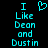 Pixelated cyan text on black background reads "I Like Dean and Dustin" with a heart symbol above the first line, displayed in two identical side-by-side