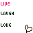 Animated contact sheet of a pixel art buddy icon showing sequential text and heart animation frames with alternating pink and green color schemes on white background.