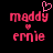 Pixelated pink text 'maddy' above a small heart and 'ernie' below, with a larger heart above 'maddy' on the left side of the image.