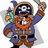 Pixelated character with dark mask, orange scarf, blue jacket, brown shorts, and backpack holding a sword aloft against white background.
