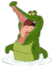 Animated green crocodile with open mouth and pink tongue, wearing light green vest, standing in water ripples.