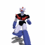 A blue and white robot with red accents in multiple dynamic poses, each showing distinct arm and leg positions against a plain background.