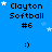 Blue background with repeated text "Clayton Softball #6" and smiley faces, animated stars move across the scene.
