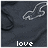 Dark gray pixelated background with white smoke-like swirls and the word 'love' in lowercase at bottom center.