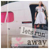 A static image shows a woman in a white dress standing at the open door of a light-colored vehicle with red windows, with text overlay reading 'lets run away'.