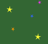 Green background with scattered yellow, orange, blue, and purple stars; lower section shows partial star arrangement.