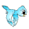 A blue cartoon bird with large black eyes and a yellow beak appears in multiple poses , showing wing positions from spread to folded