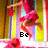 Pixelated anime-style character in pink dress with red flowers, holding a flower while standing on white platform against colorful striped background.