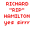 Red pixelated text reads "RICHARD 'RIP' HAMILTON yes sirrr" over a white background with blue gradient overlays in different positions.