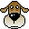 Pixelated dog-like avatar with brown head, white body, black collar, and red cheek spots in six distinct poses on gray background.