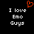 Black background with white pixelated text reading "I love Emo Guys" in two identical vertical , and a red pixelated heart symbol above the left