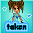 Pixel art buddy icon showing a cartoon girl with brown pigtails holding a blue sign that reads 'taken' in two different text styles across frames, against a teal background with floating stars.