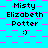 Pixelated icon with cyan background and pink checkered pattern, displaying repeated text "Misty Elizabeth Potter" above a smiley face emoticon.