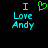 Two side-by-side pixelated text displays on black background, each reading "I Love Andy" with cyan letters and green heart symbol in left version.