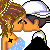 Animated contact sheet of a pixel art couple kissing with text overlays, featuring repeated mountain and cloud backgrounds across nine frames.