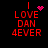 Red pixelated text 'I LOVE DAN 4EVER' on black background with animated pink heart and dot patterns above the letter I.