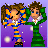 Pixel art of two figures against a purple background with white sparkles; one figure wears blue and orange striped clothing, the other green with white collar.