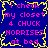 Pixelated text on blue background with yellow border, repeating 'i check my closet 4 CHUCK NORRIS at bed' in pink and white letters.