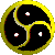 A circular icon with a yellow border and black interior featuring swirling patterns, some containing white dots or small red accents.