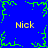 Blue background with four yellow 'Nick' texts and green pixelated border elements.