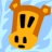 Pixelated cartoon character icon with orange ears and yellow face against light blue background, featuring black rectangular eyes and mouth on a rounded head shape.