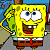Pixelated yellow cartoon character with large white eyes, brown square pants, red tie, and green sponge texture on left side against blue background.