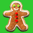 Pixelated gingerbread man icon with green eyes, white icing details, and red button-like decorations on a solid green background.