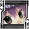 Pixelated anime-style face with purple hair and large brown eyes, framed by a decorative border with pink and white squares.