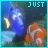 A pixelated underwater scene with a blue fish, orange-and-white clownfish, and yellow object; text reads "JUST" then changes to "JUST KEEP" as the bottom-left corner displays "SWIMMING".