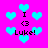 Pixelated cyan hearts and black text on a bright pink background, with 'I <3 Luke!' repeated in multiple positions.