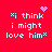 Red background with white pixelated text reading "*i think i might love him*" and four distinct animation variations of pink pixelated symbols above the text.