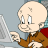 Pixelated cartoon character with bald head, brown jacket, and red collar pointing left against light gray background.