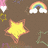 Brown background with repeated yellow stars, white hearts, rainbow arcs over clouds, and small pink-and-yellow shapes.