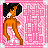 Pixelated character with brown skin and black hair in a side ponytail, wearing white shorts against pink patterned background.