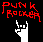 Red pixelated text 'Punk Rocker' above a white hand making a rock gesture on black background.