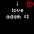 Black background with white pixelated text 'i love adam =]' and a red pixelated heart symbol above the 'i' on the left side.
