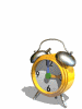Yellow alarm clock with silver bells and black numerals on white background, shown in multiple poses including upright, tilted, and rotated views.