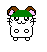 Pixel art hamster with green cap, brown ears, pink inner ears, white body, black eyes and nose, two circular spots on chest, standing against gray background.