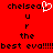 Red background with black text and a white heart symbol replacing the 'o' in 'chelsea' on the left side.
