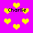 Yellow pixelated hearts float on a bright purple background with the name 'Charlie' in black text appearing multiple times.