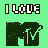 A 3x3 grid of pixelated animated frames showing a green background with "I LOVE" text above and an MTV logo below, each frame displaying slight variations in color intensity and text visibility.