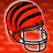identical cartoon football helmets with orange and black stripes on a red background, each featuring white face masks
