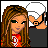 Pixelated cartoon character with long brown hair and green eyes, wearing red shirt with white 'D' symbol, standing beside a smaller figure holding a gray object against black background with four gray stars.
