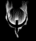 Black-and-white animated icon with a circular shape, central cross-like symbol, and flame-like patterns on top against black background.