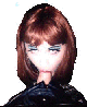 Pixelated image of a person with brown hair and blue eyeshadow, wearing a dark jacket, with text blocks on the right and bottom.