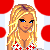 Pixel art animated contact sheet showing a blonde woman in red-and-white checkered bikini with text "Luv da Beach!" on red circular background.